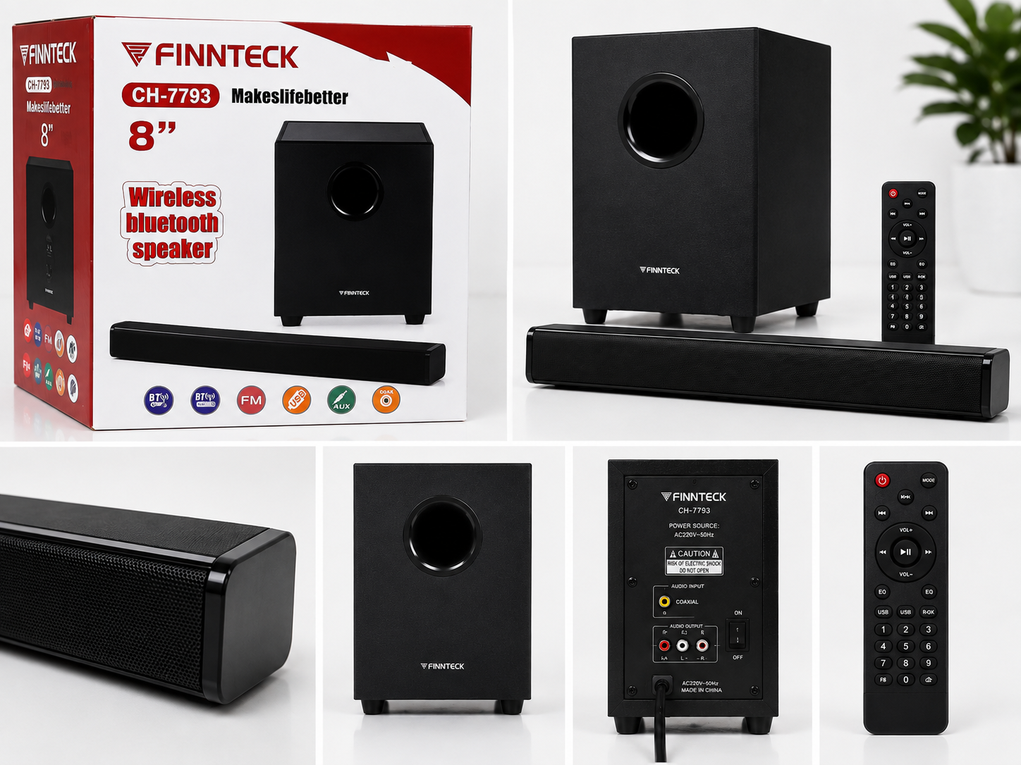 FINNTECK CH-7793 8" Wireless Bluetooth Soundbar & Subwoofer
